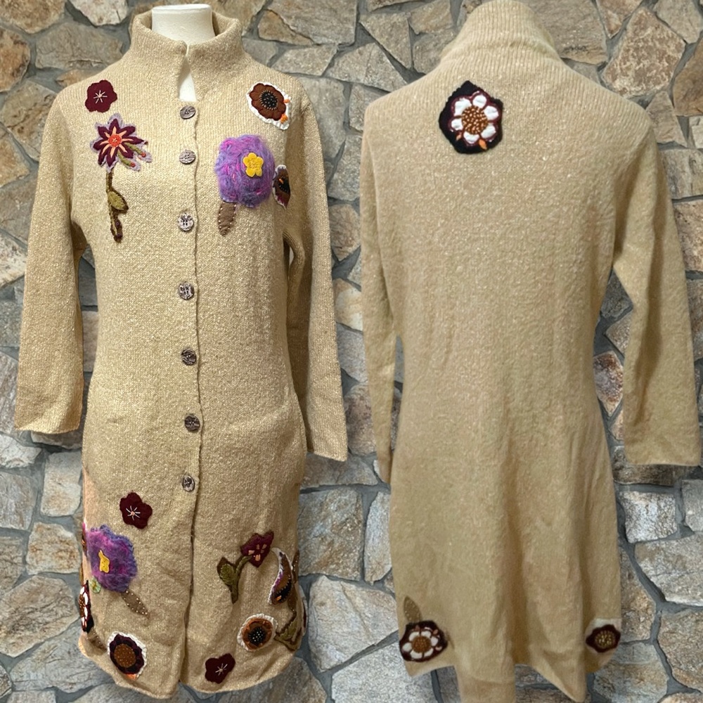 Relais Knitware Maxi Duster Cardigan Knitted Raised Floral Accents Medium VGUC